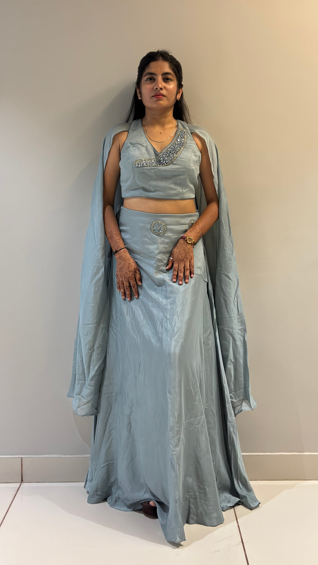 Dusty Blue Embellished Cape-Sleeve Lehenga Set