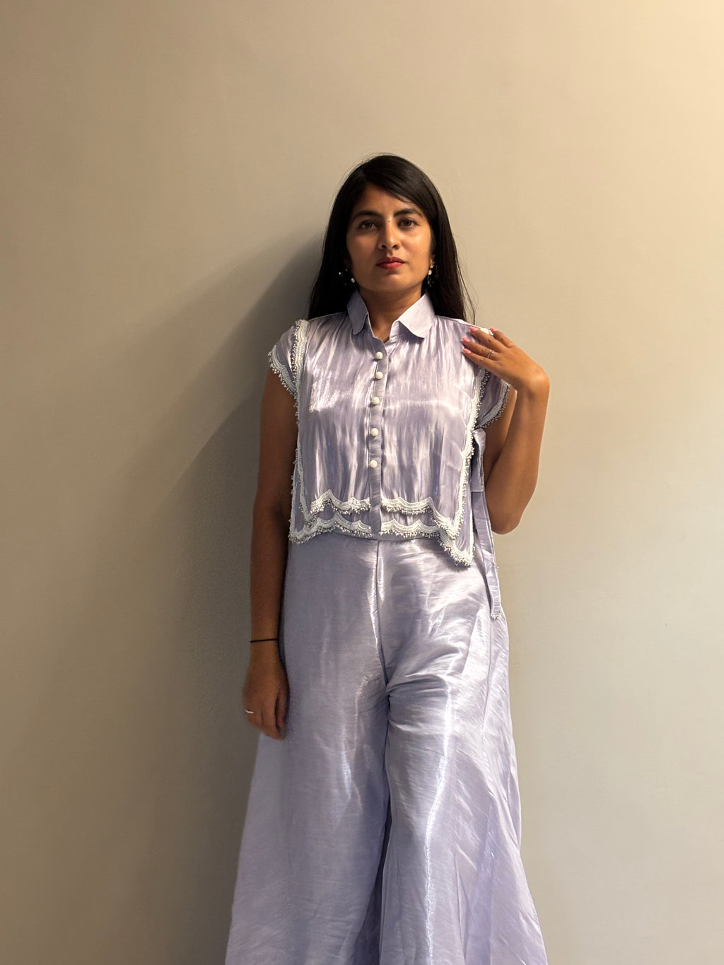 Lavender Shimmer Lace-Trim Crop Set