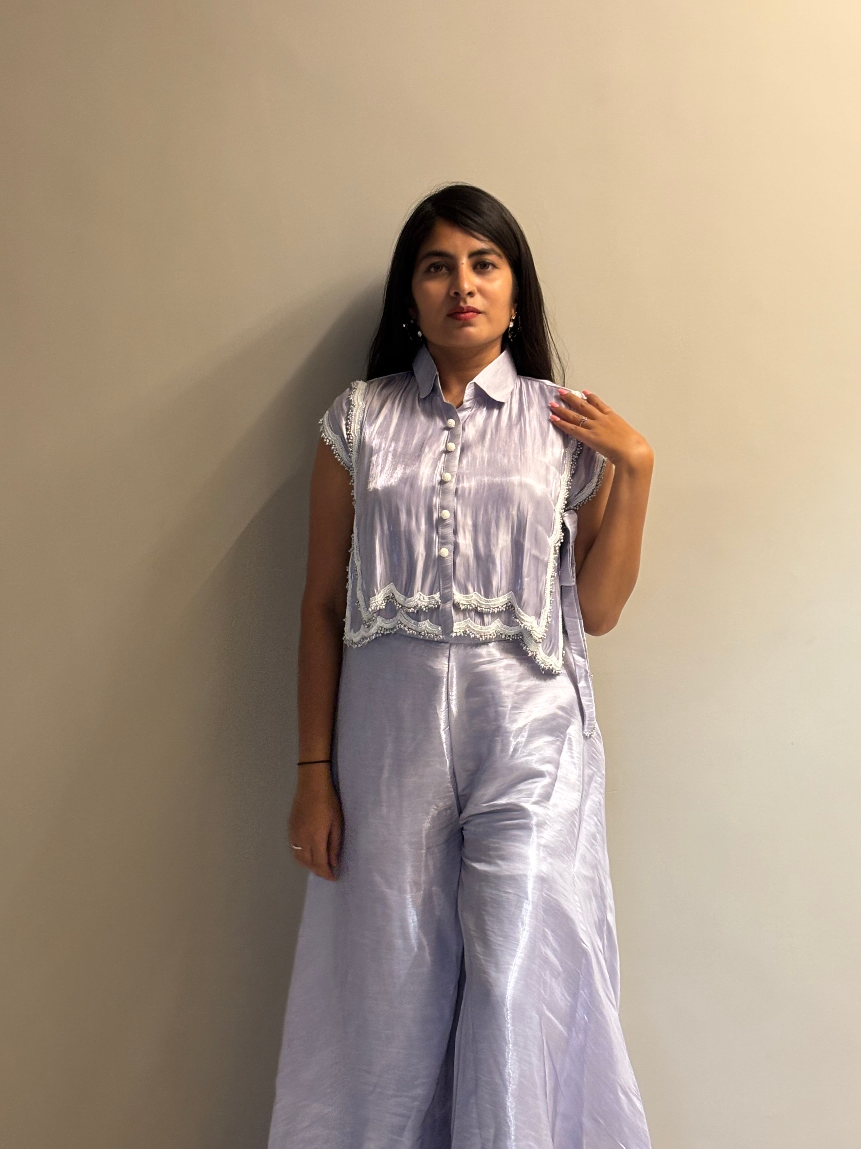 Lavender Shimmer Lace-Trim Crop Set