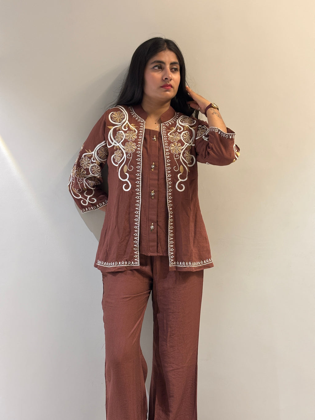 Terracotta Floral Embroidered Jacket Set