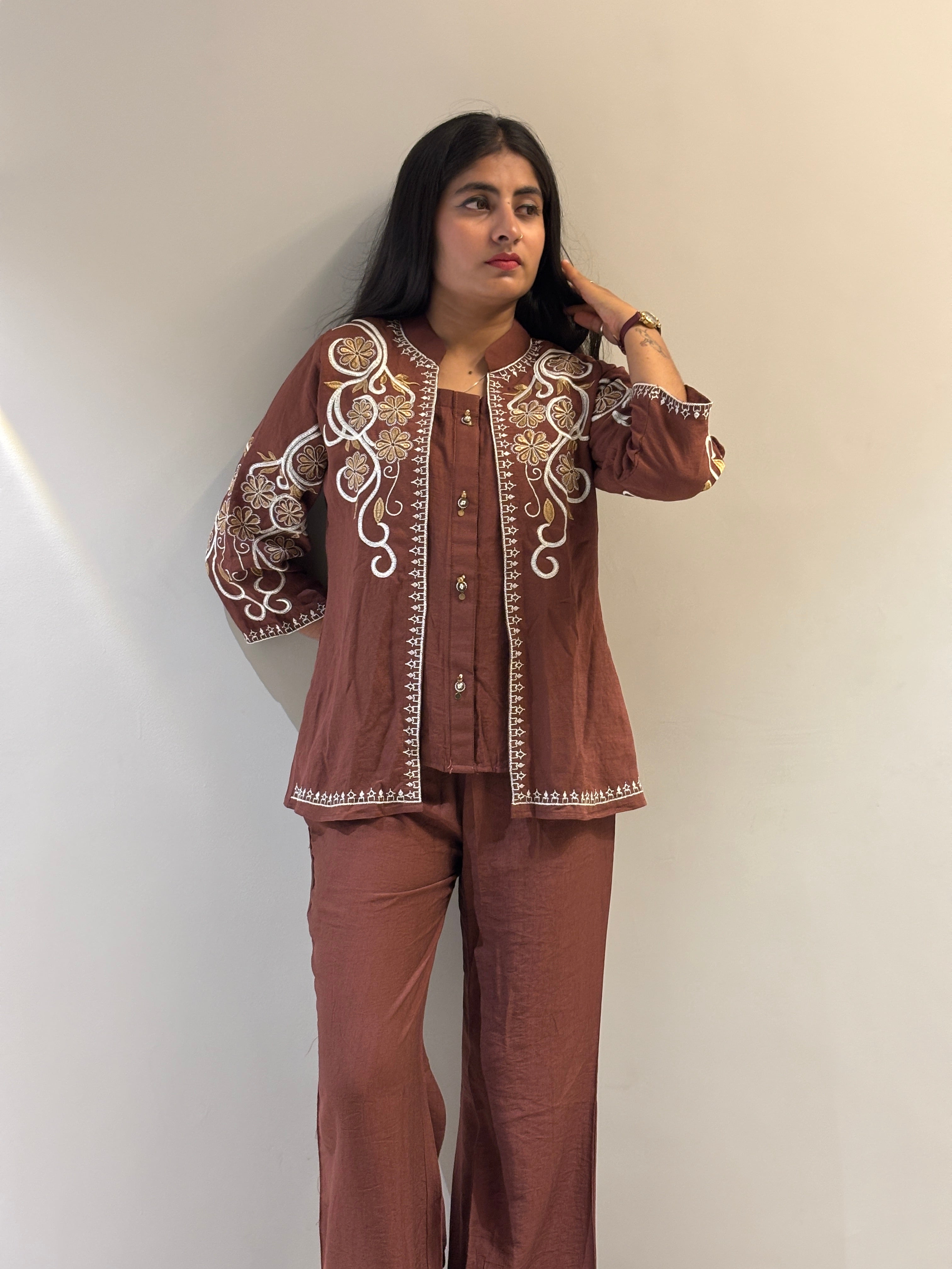 Terracotta Floral Embroidered Jacket Set