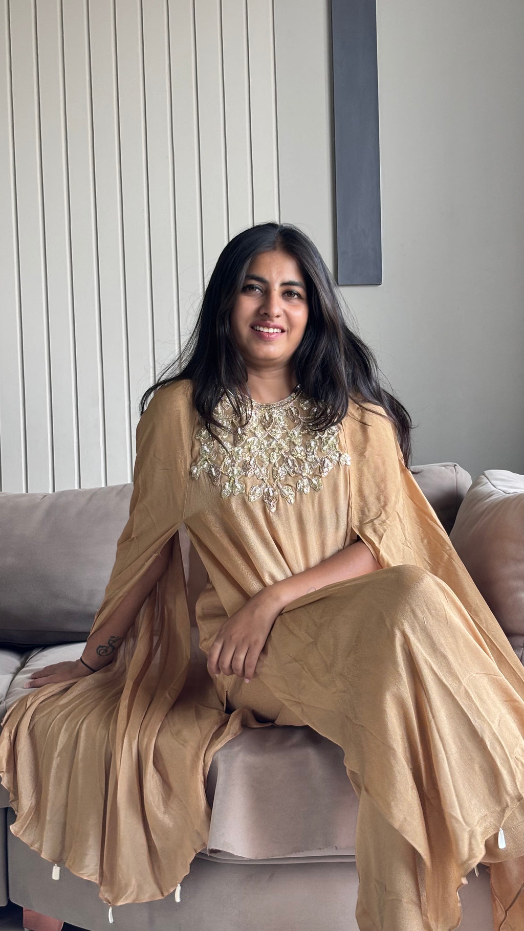 Gold Embellished Cape-Sleeve Kurta Set