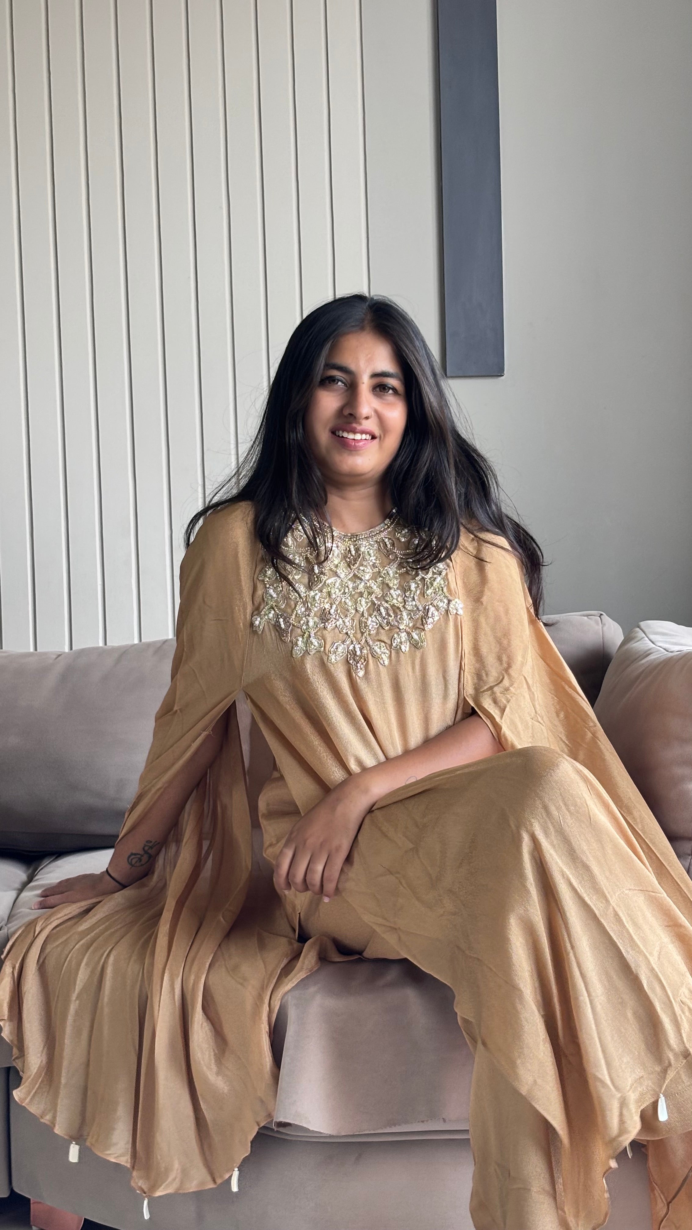 Gold Embellished Cape-Sleeve Kurta Set