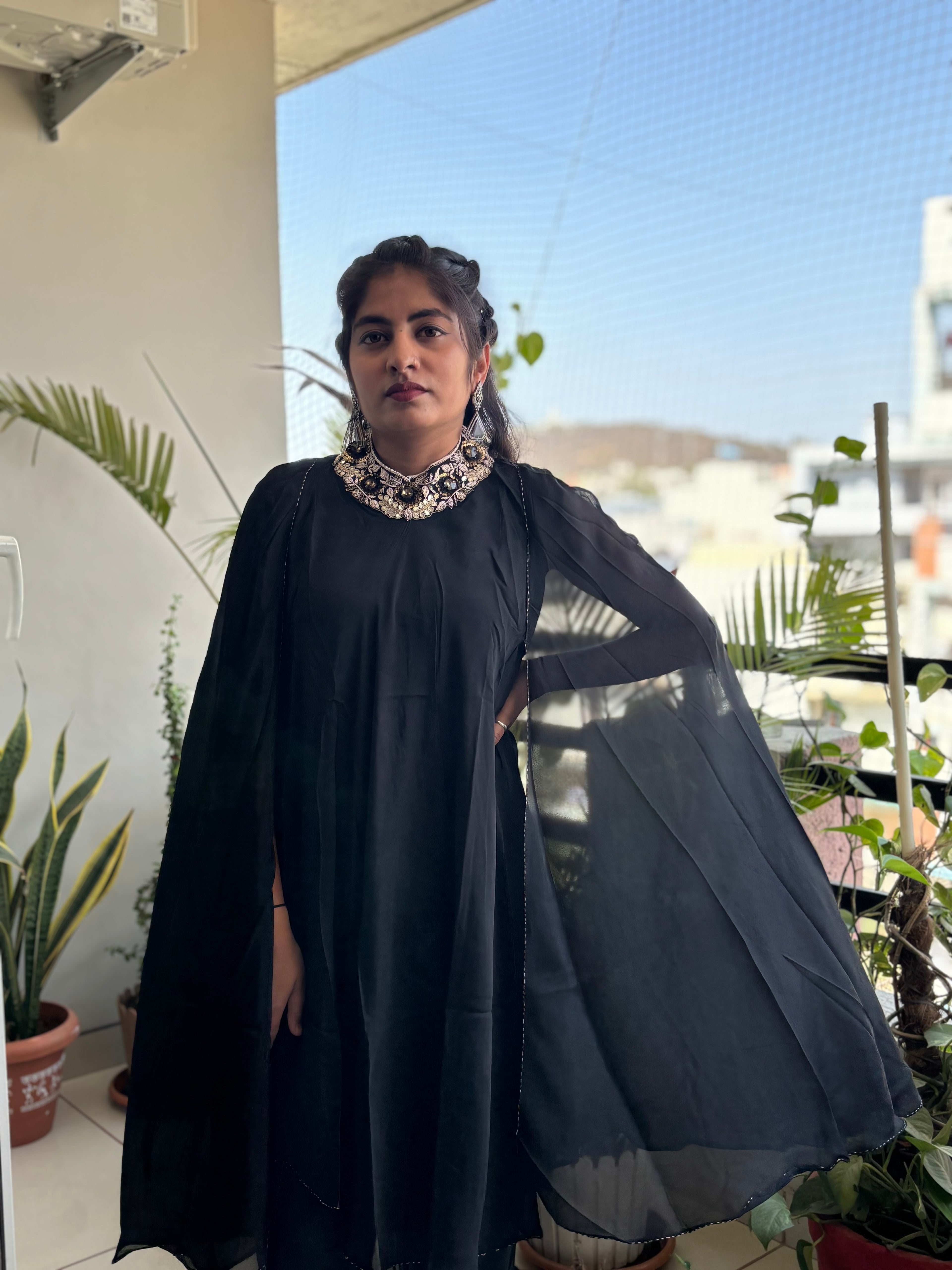 Noir Embellished Cape Tunic Set