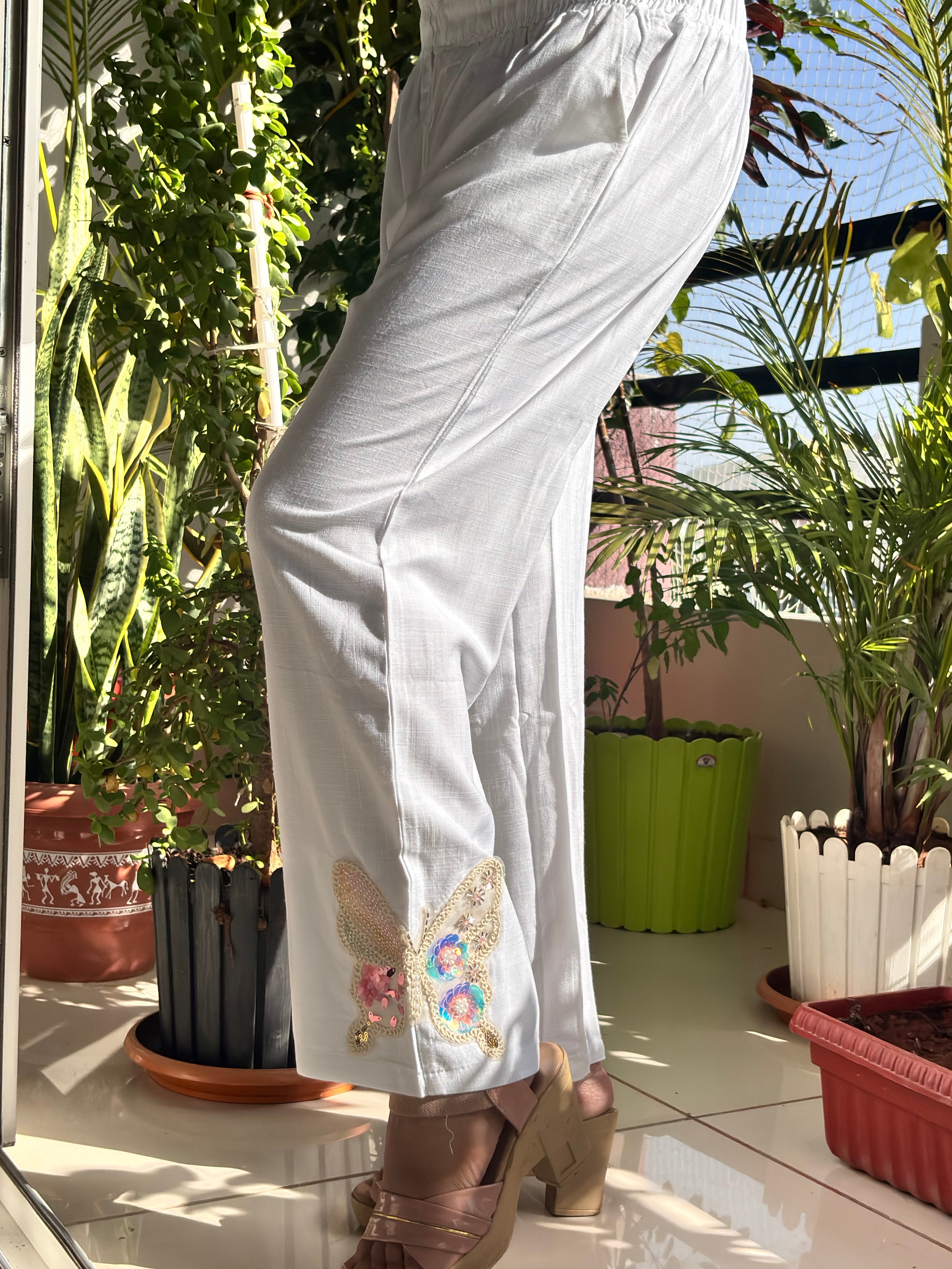 White Butterfly Embroidered Wide-Leg Pants