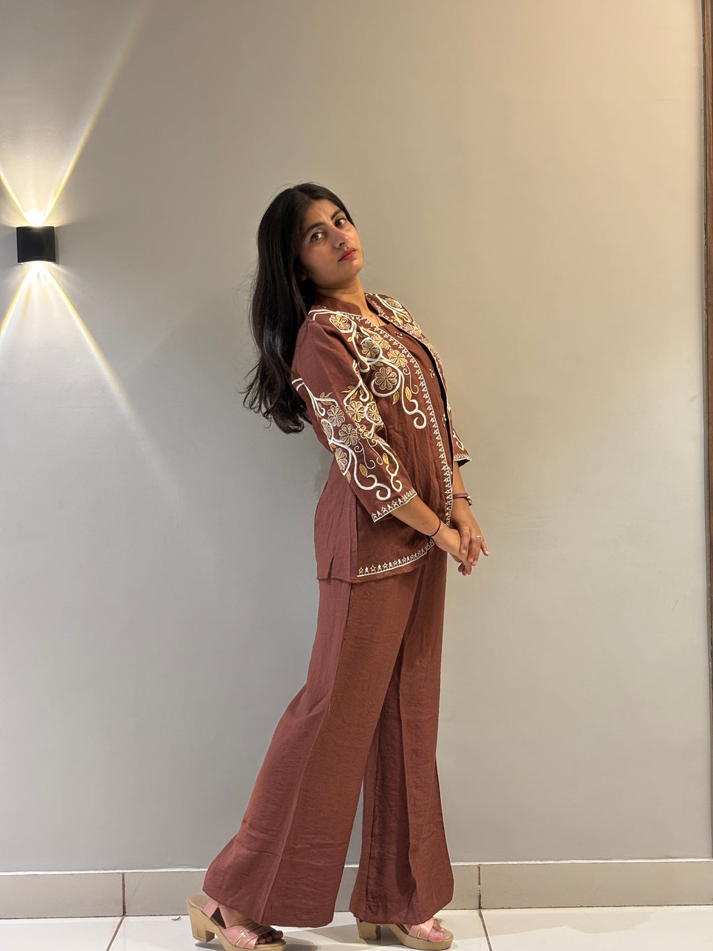 Terracotta Floral Embroidered Jacket Set