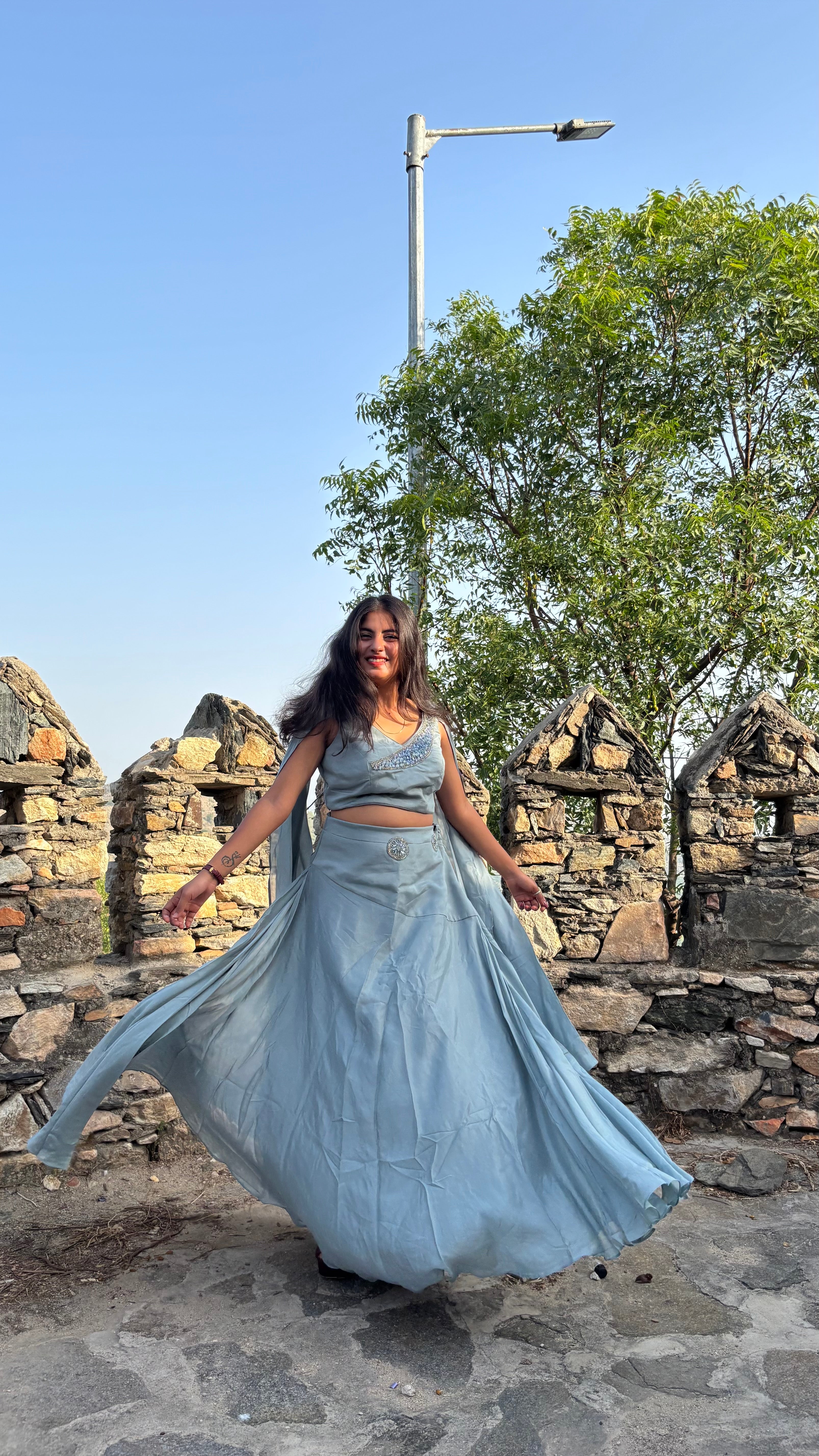 Dusty Blue Embellished Cape-Sleeve Lehenga Set