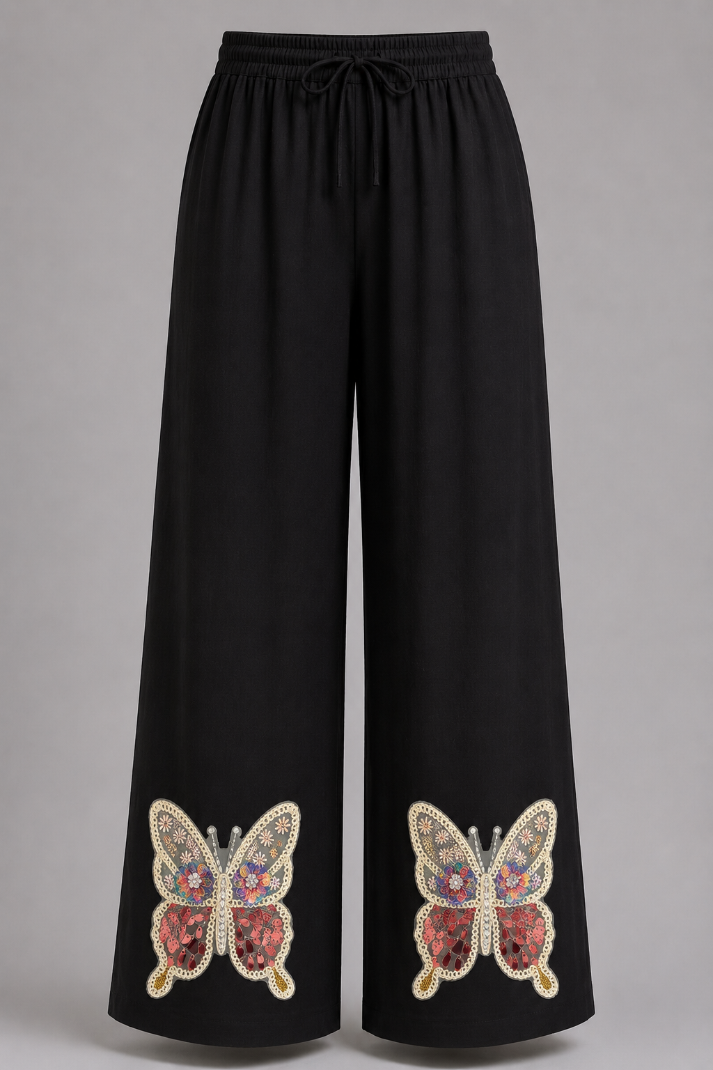 Black Butterfly Embroidered Wide-Leg Pants