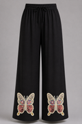 Black Butterfly Embroidered Wide-Leg Pants