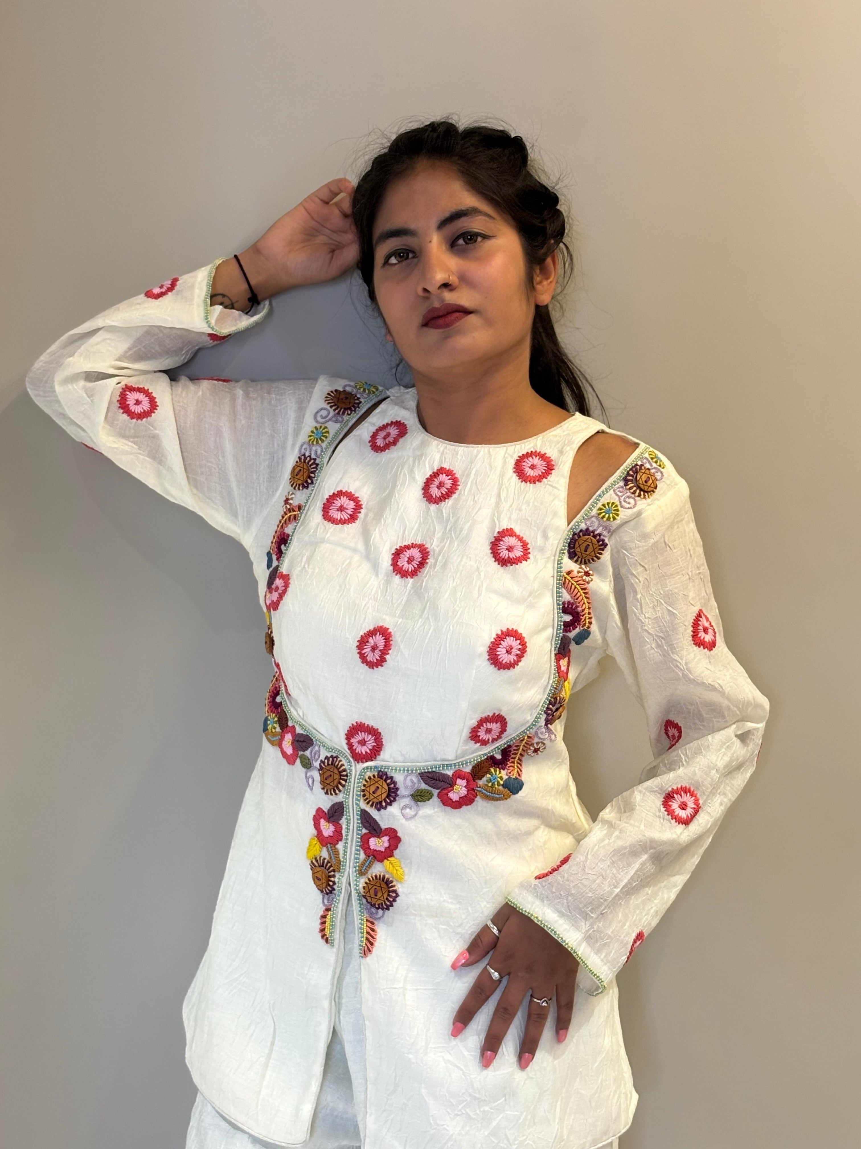 White Floral Embroidered Cutout Set