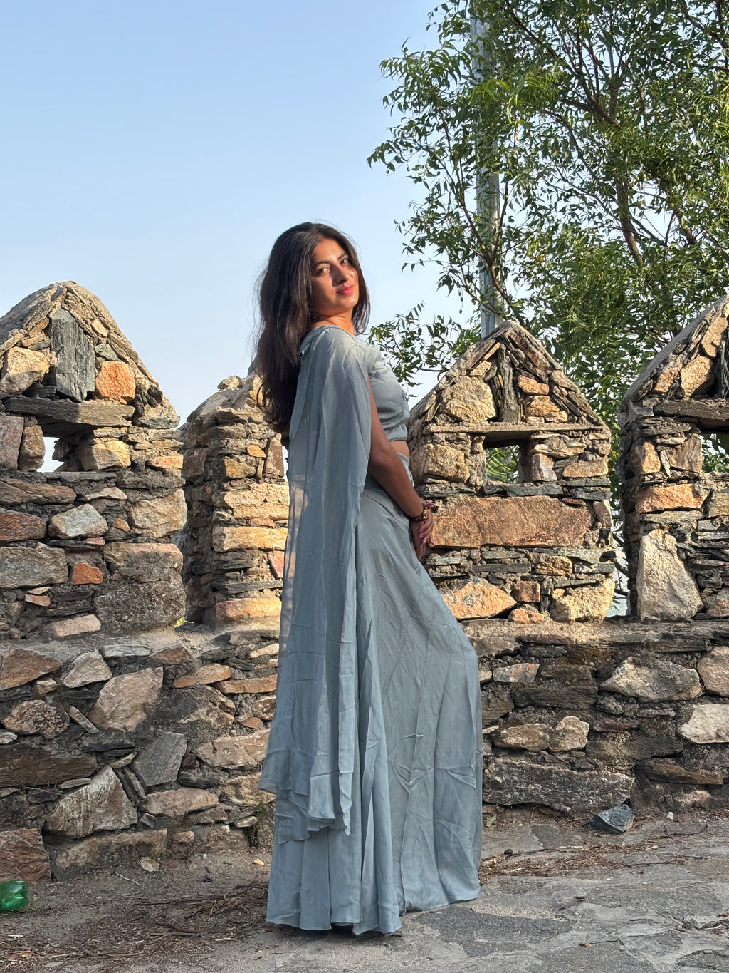 Dusty Blue Embellished Cape-Sleeve Lehenga Set