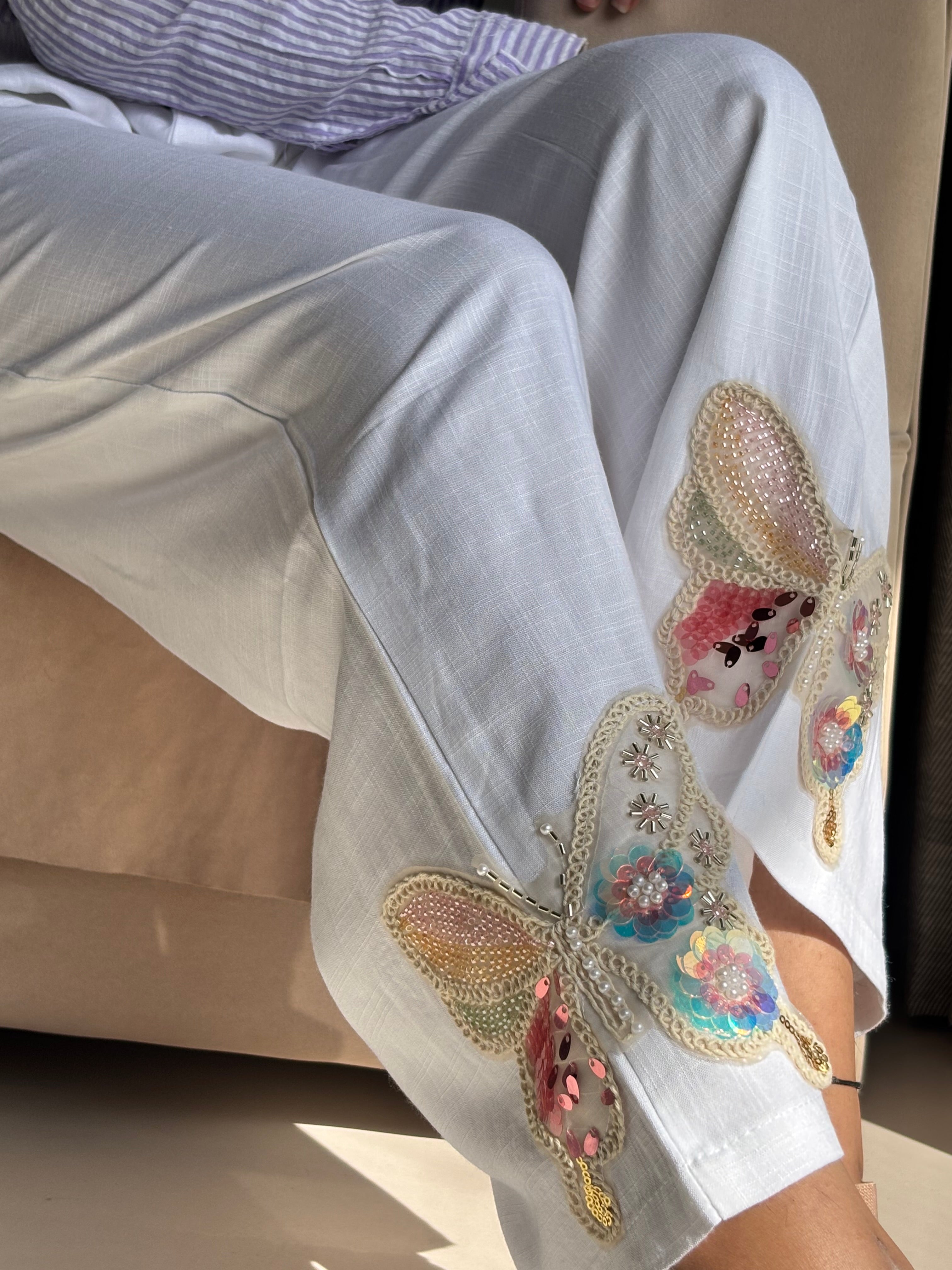 White Butterfly Embroidered Wide-Leg Pants
