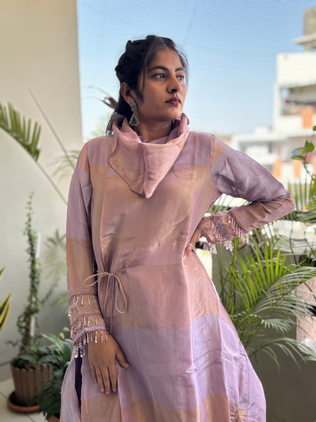 Lilac Gold Shimmer Handkerchief Tunic Set