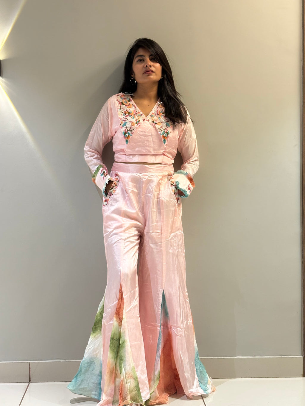 Blush Floral Embroidered Palazzo Set