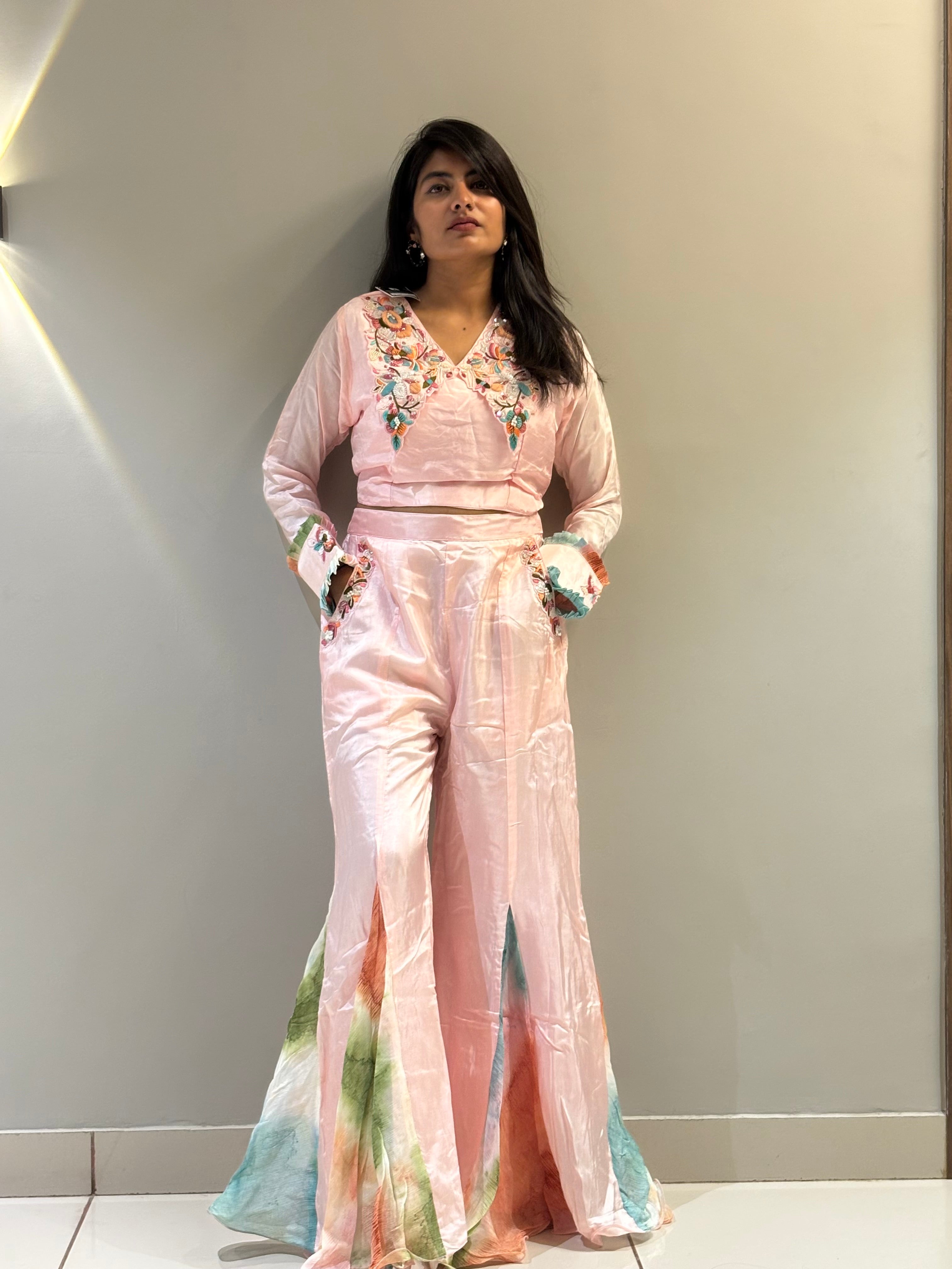 Blush Floral Embroidered Palazzo Set