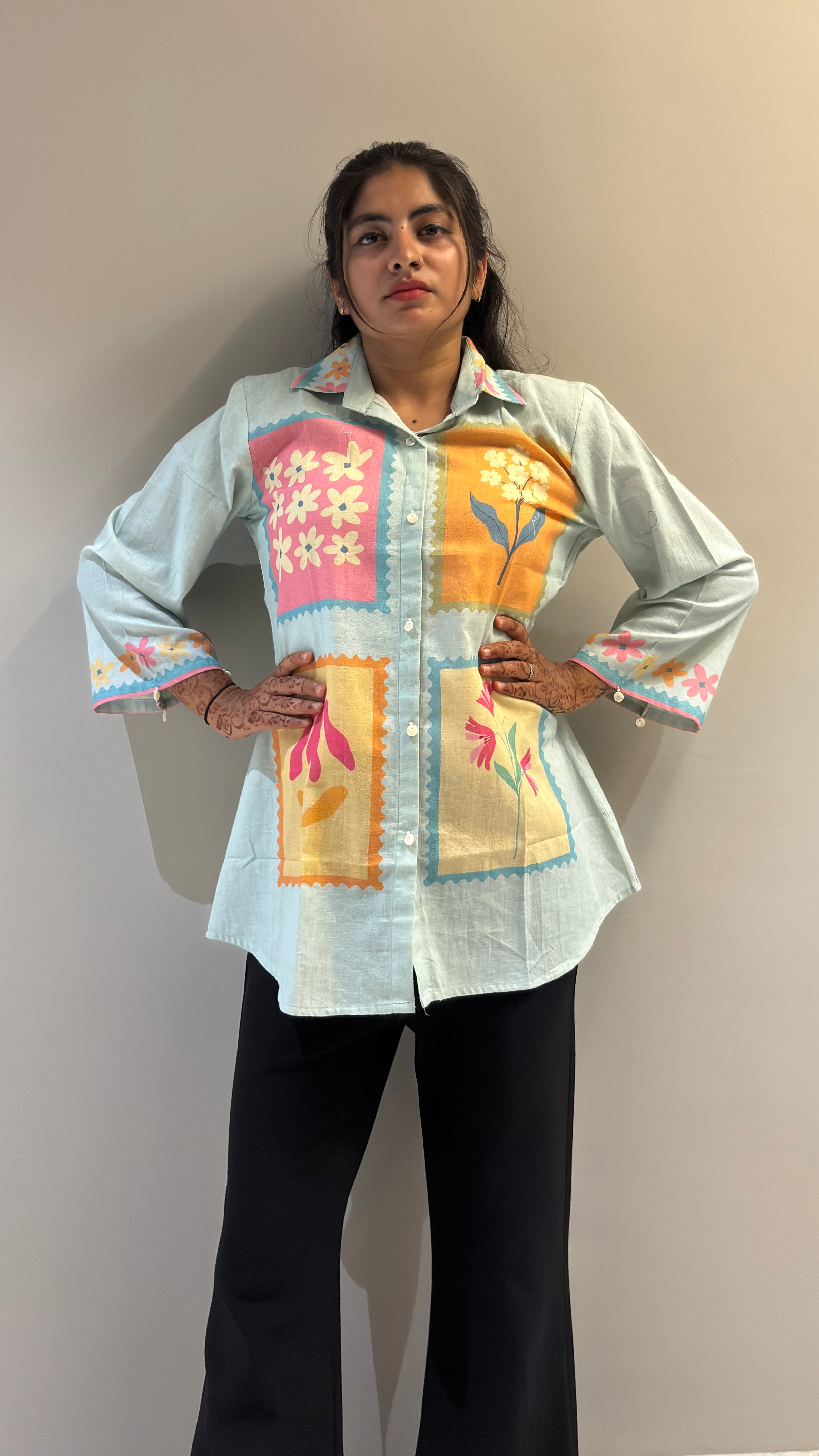 Mint Floral Postcard Print Shirt