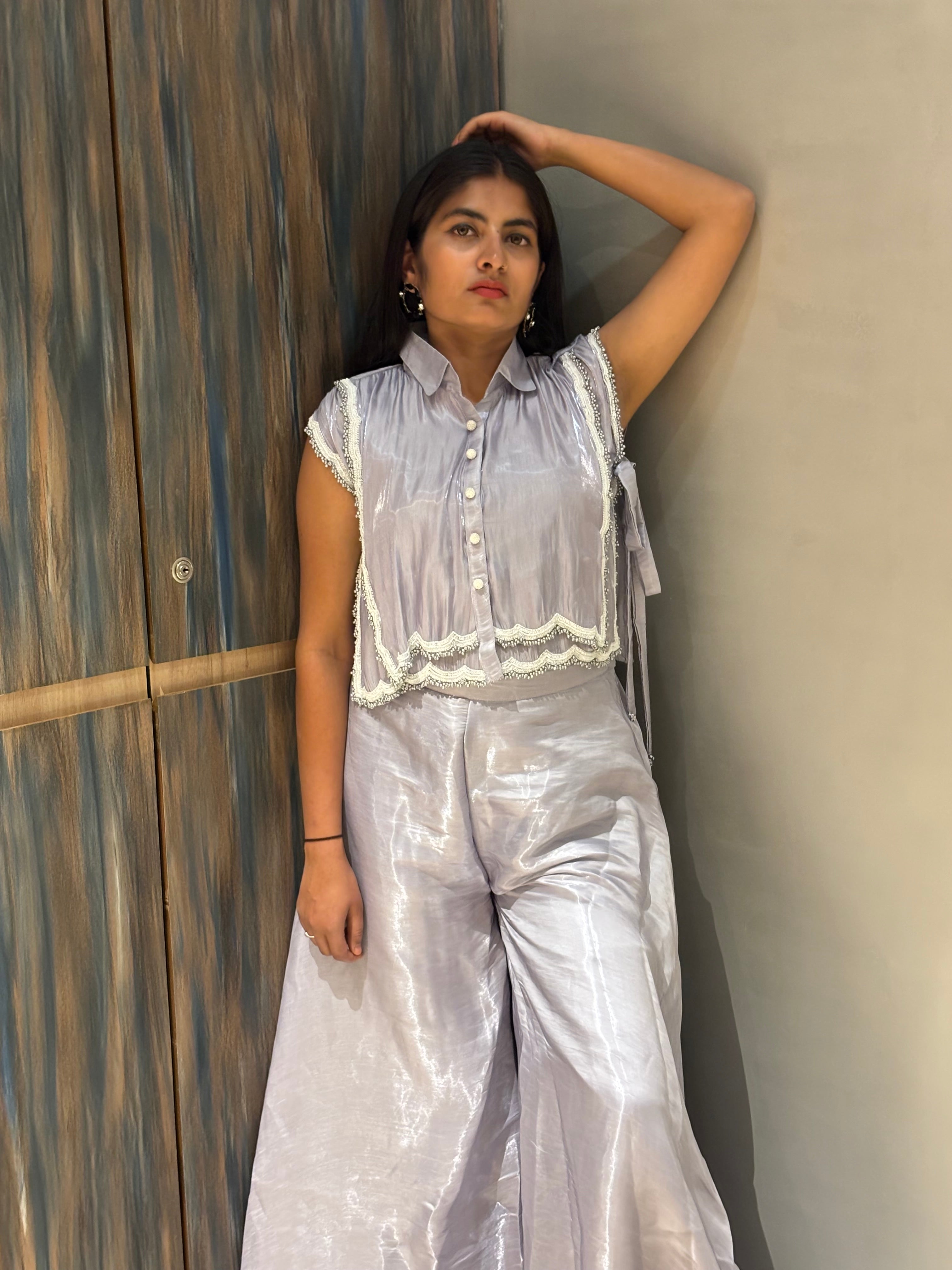 Lavender Shimmer Lace-Trim Crop Set