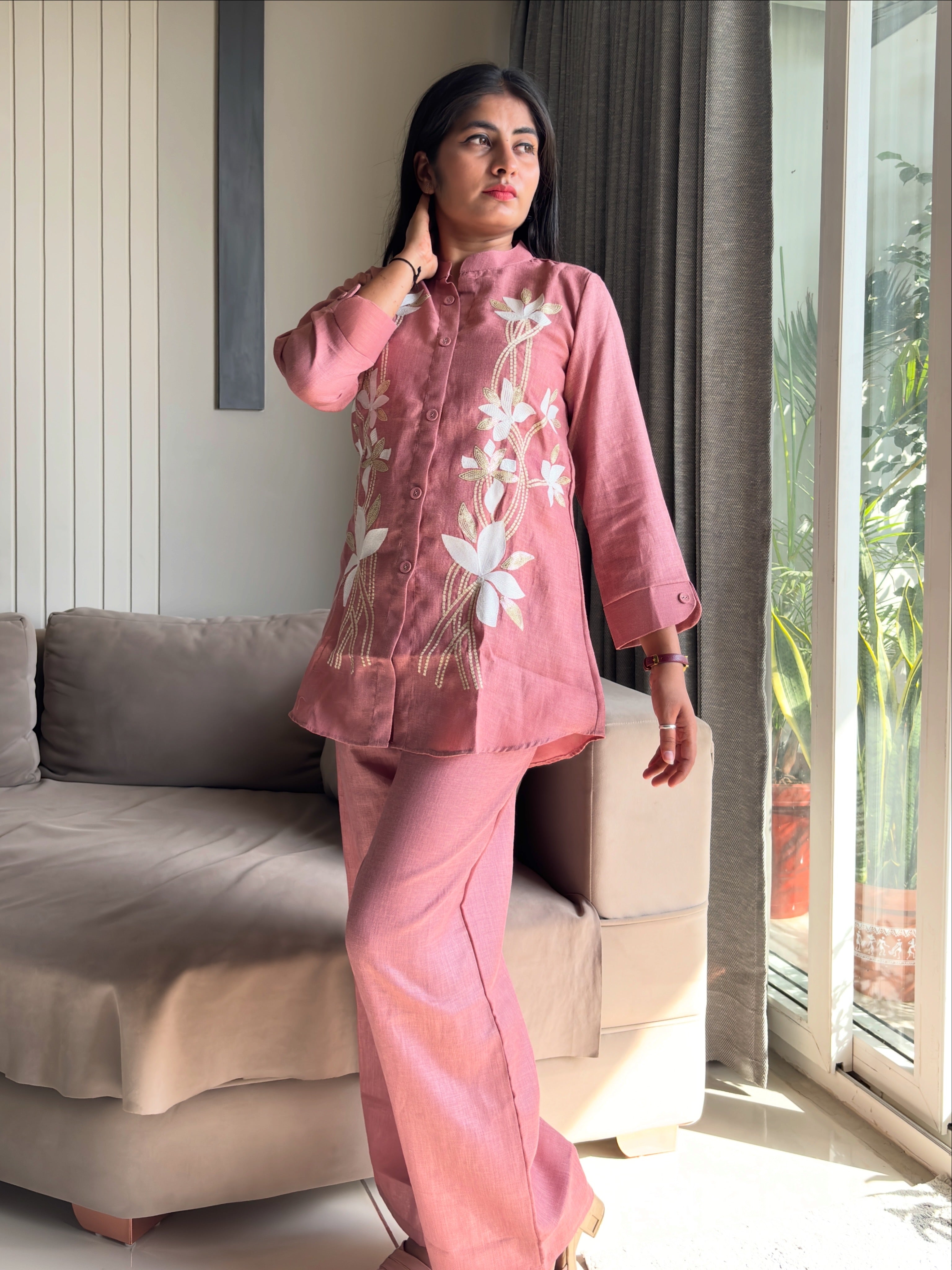 Rose Bloom Embroidered Tunic Set