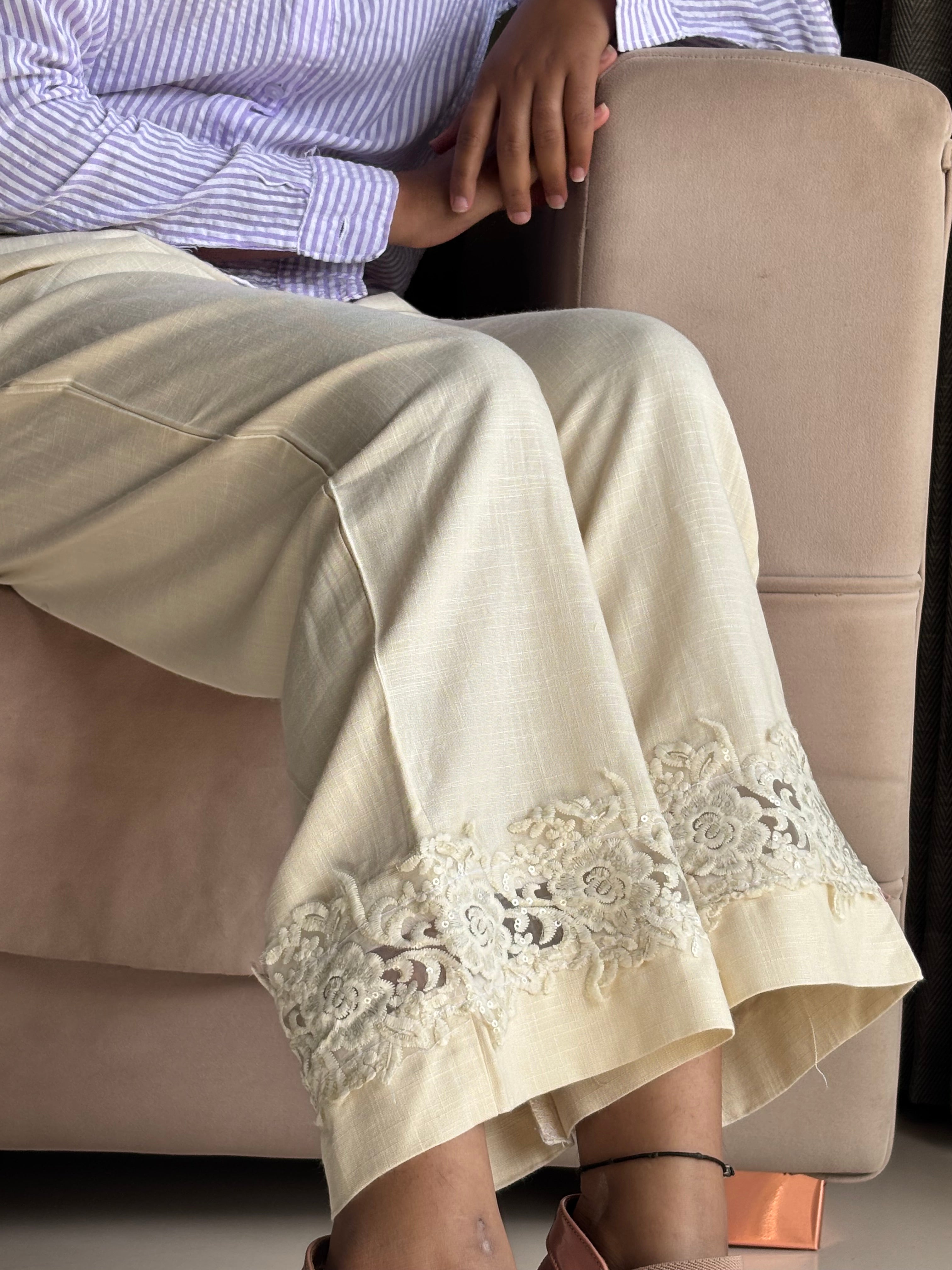 Lace-Hem Wide-Leg Pants
