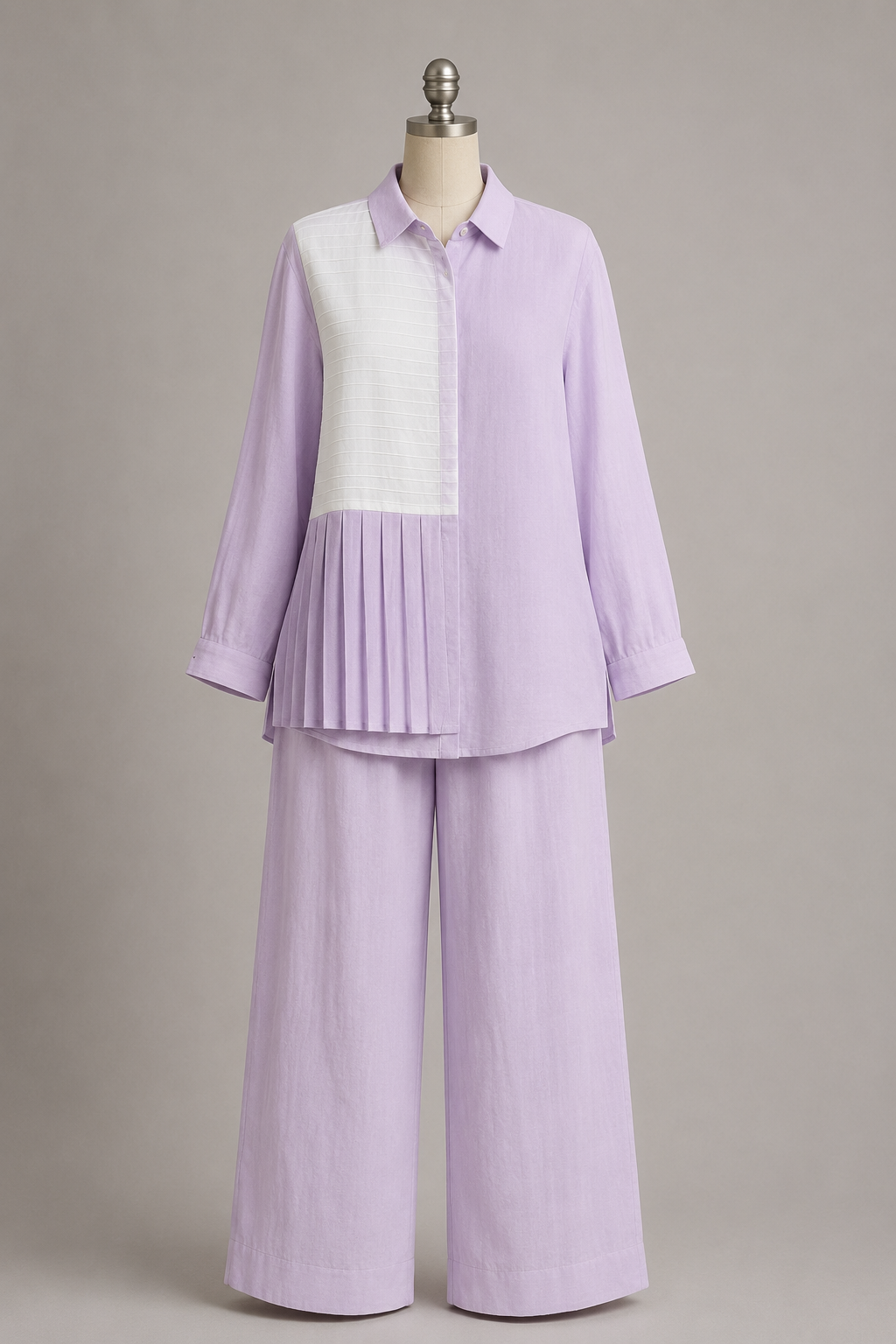 Colorblock Pleated Panel Shirt Set