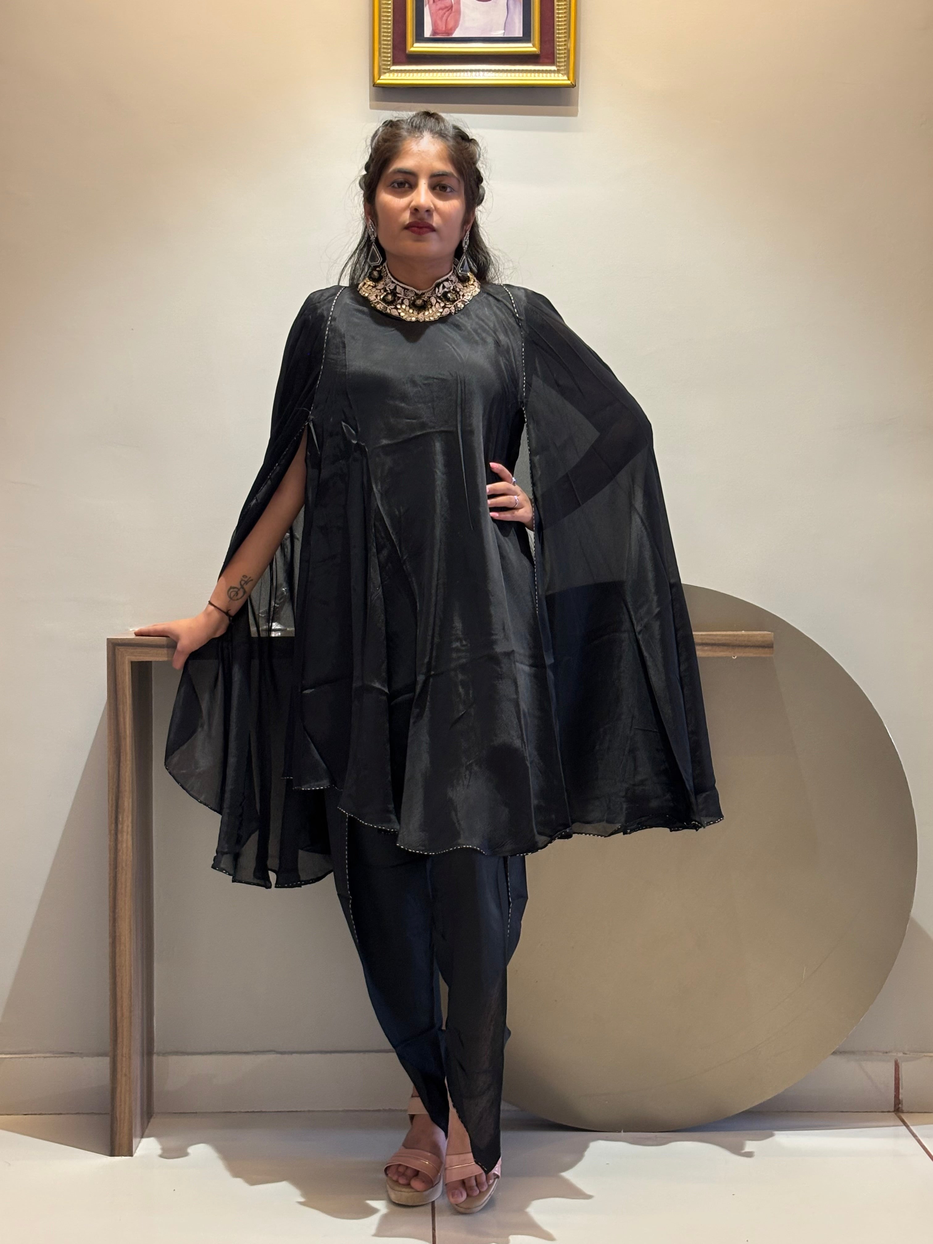 Noir Embellished Cape Tunic Set