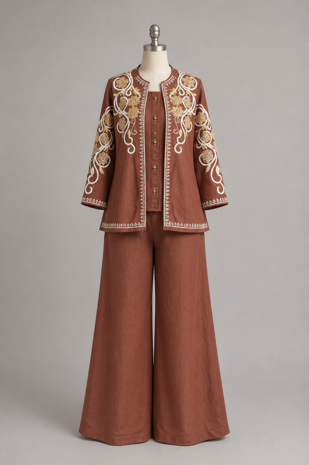 Terracotta Floral Embroidered Jacket Set