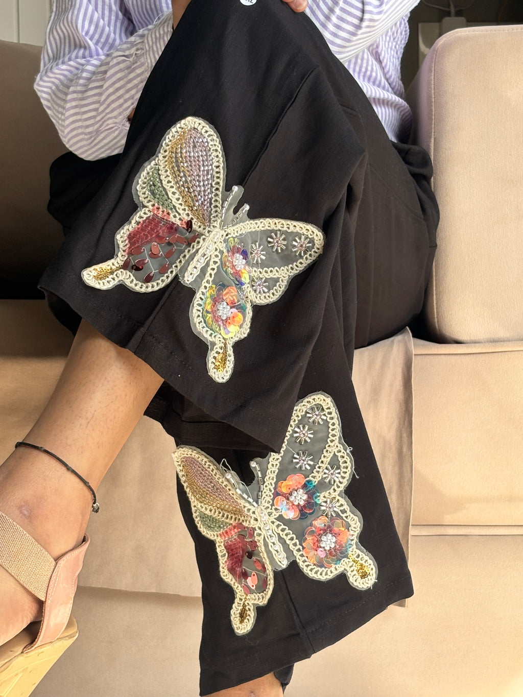 Black Butterfly Embroidered Wide-Leg Pants