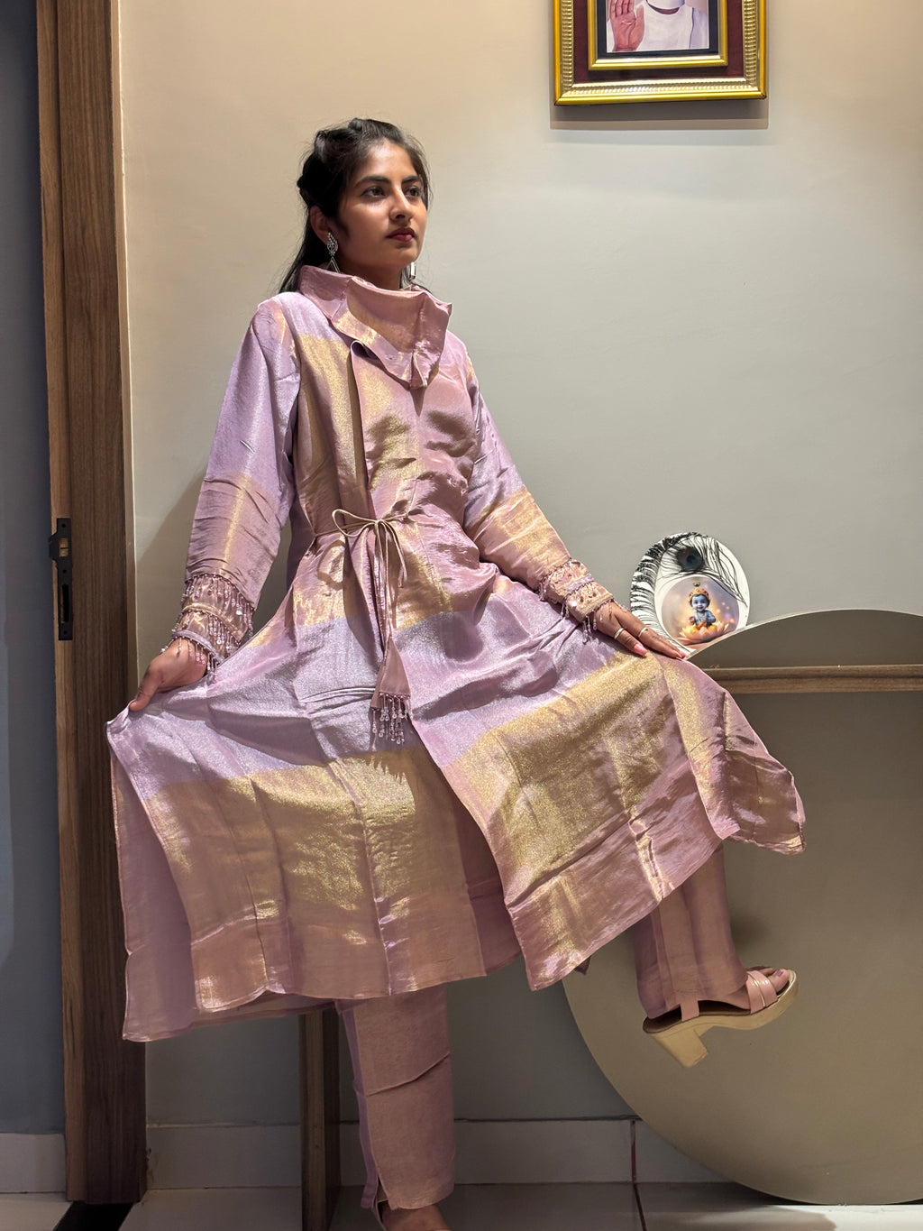 Lilac Gold Shimmer Handkerchief Tunic Set