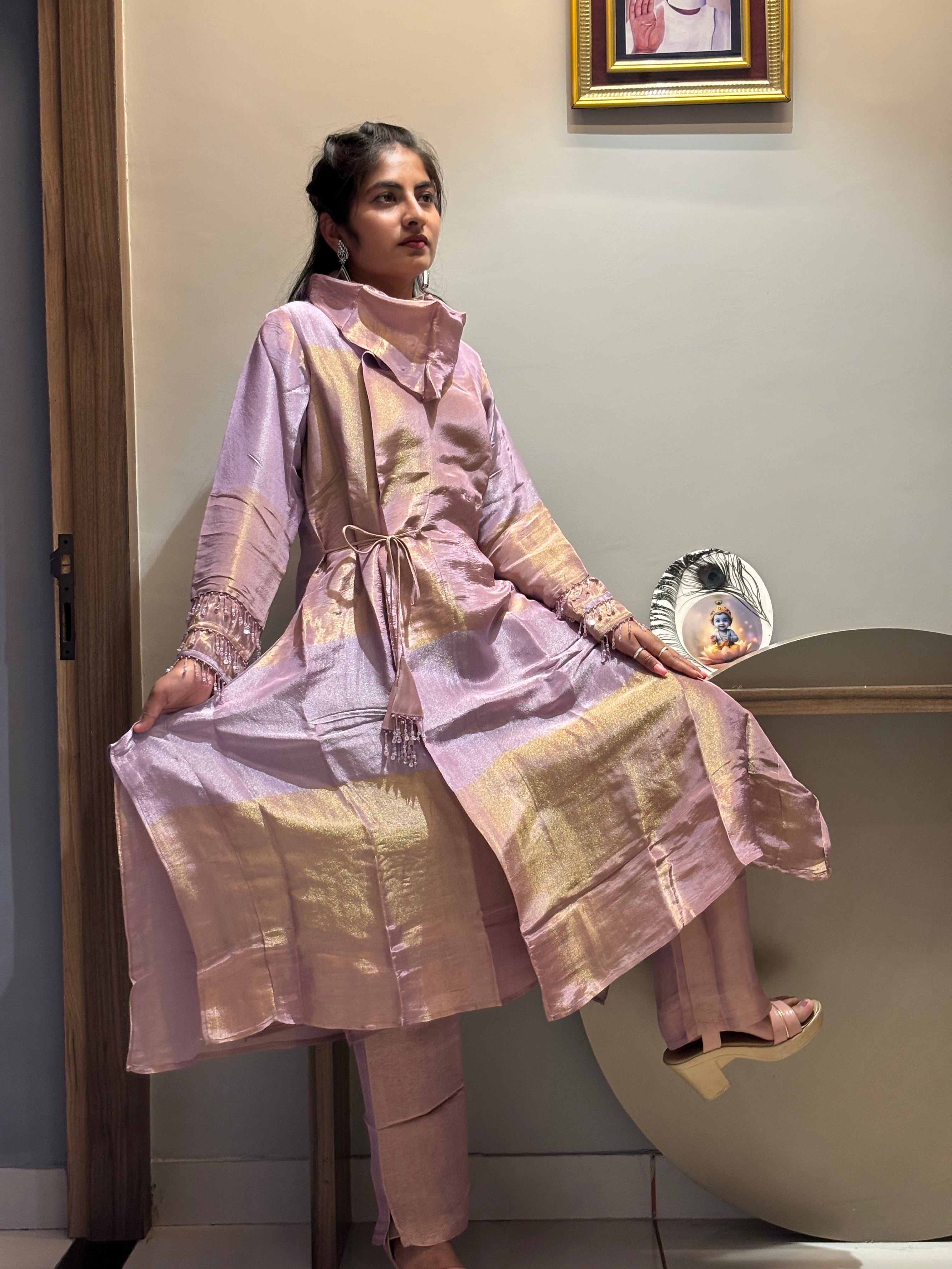 Lilac Gold Shimmer Handkerchief Tunic Set