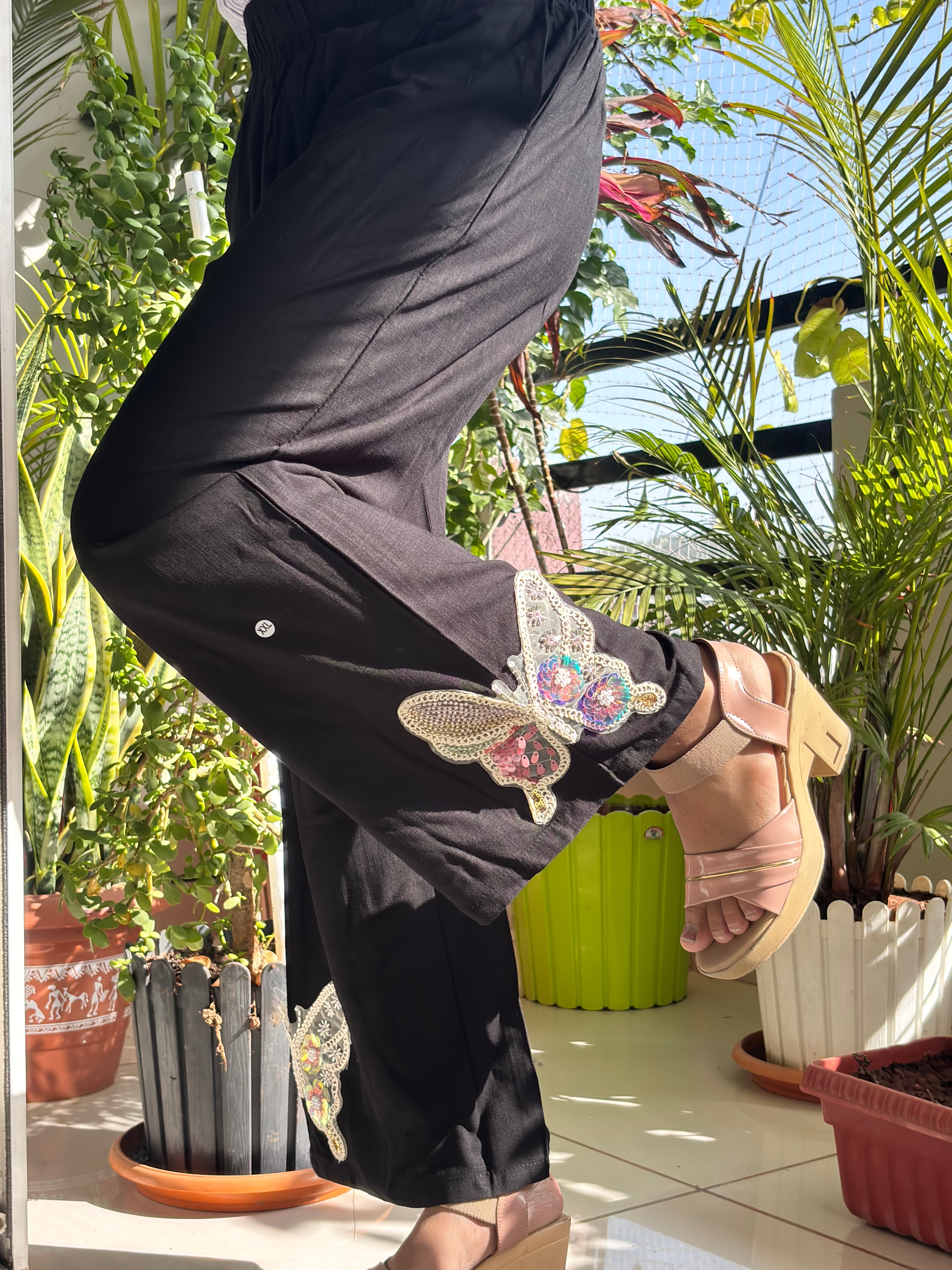 Black Butterfly Embroidered Wide-Leg Pants