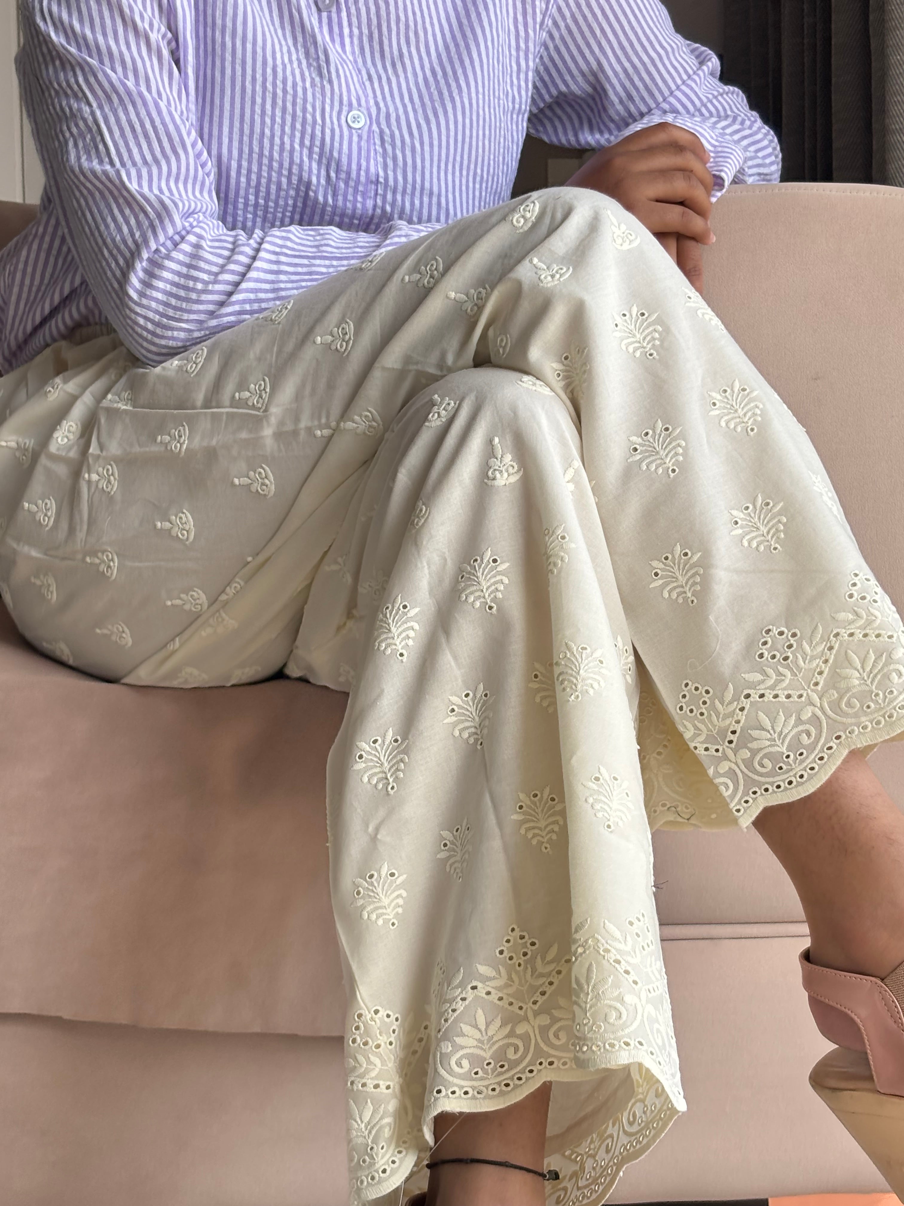 Eyelet Embroidered Wide-Leg Pants