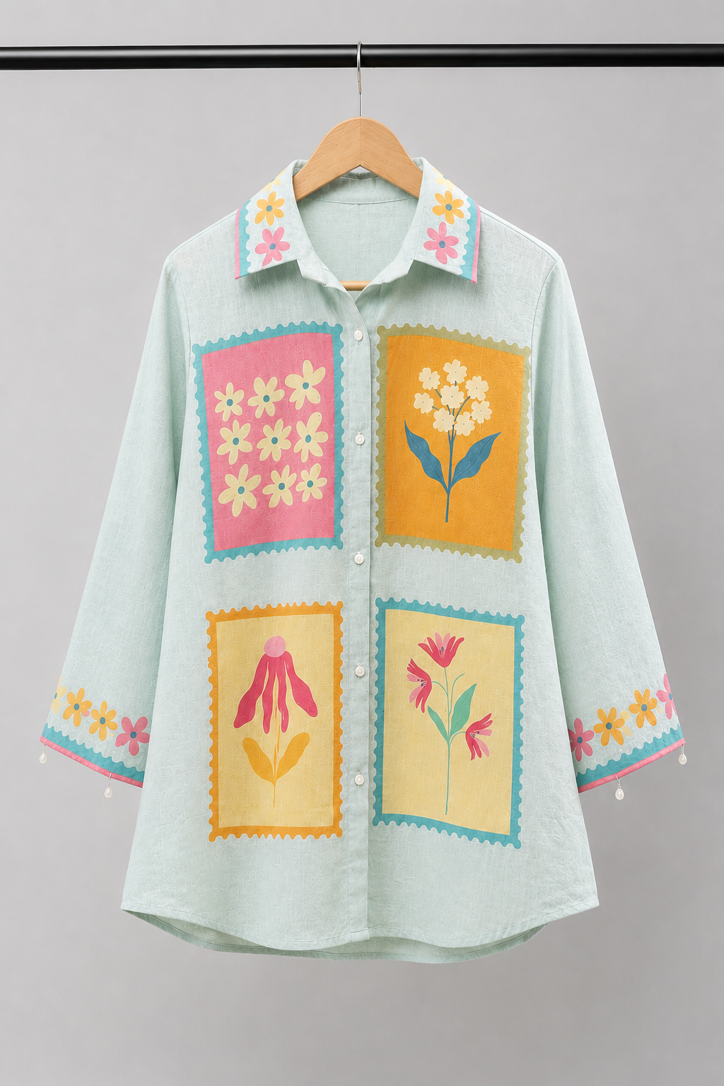 Mint Floral Postcard Print Shirt