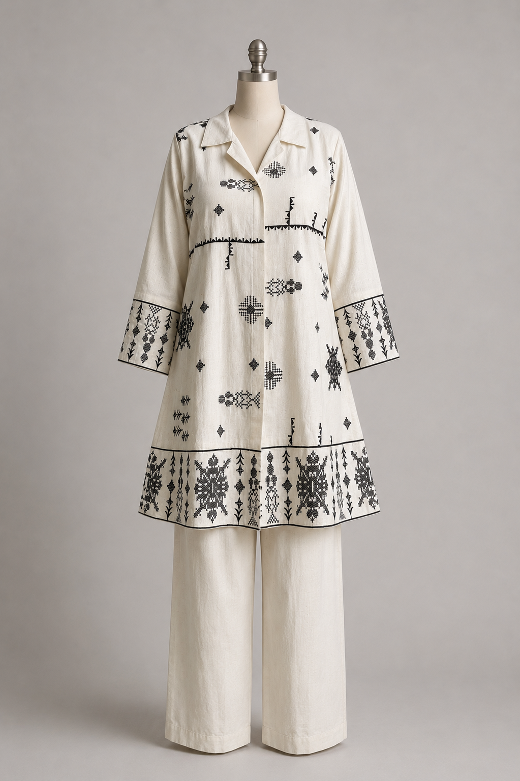 Ivory Geometric Embroidered Duster Set