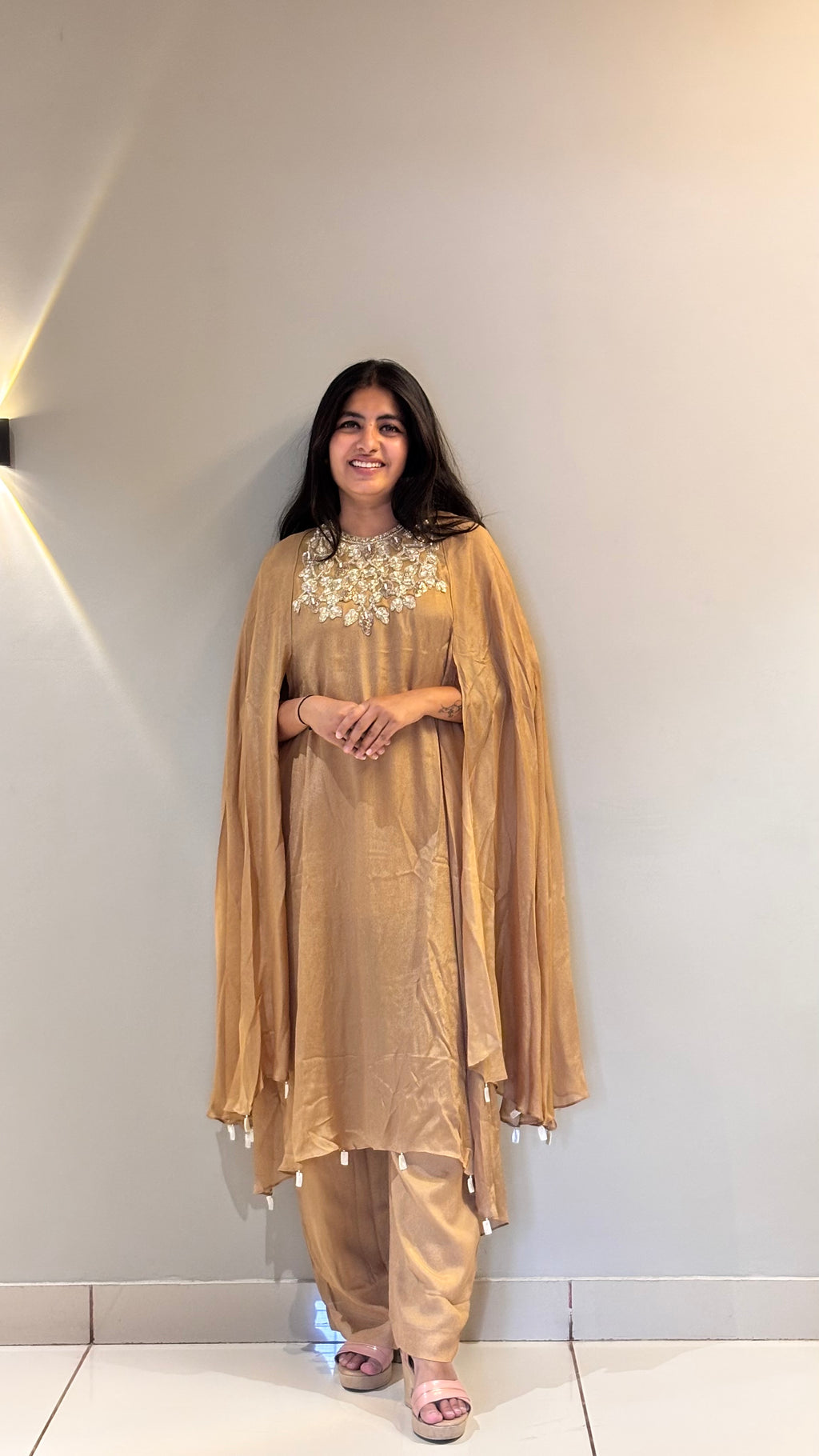 Gold Embellished Cape-Sleeve Kurta Set