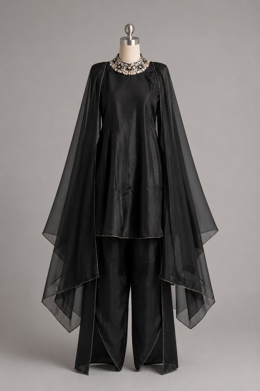 Noir Embellished Cape Tunic Set