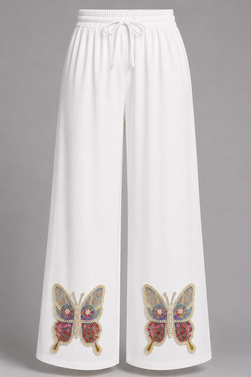 White Butterfly Embroidered Wide-Leg Pants