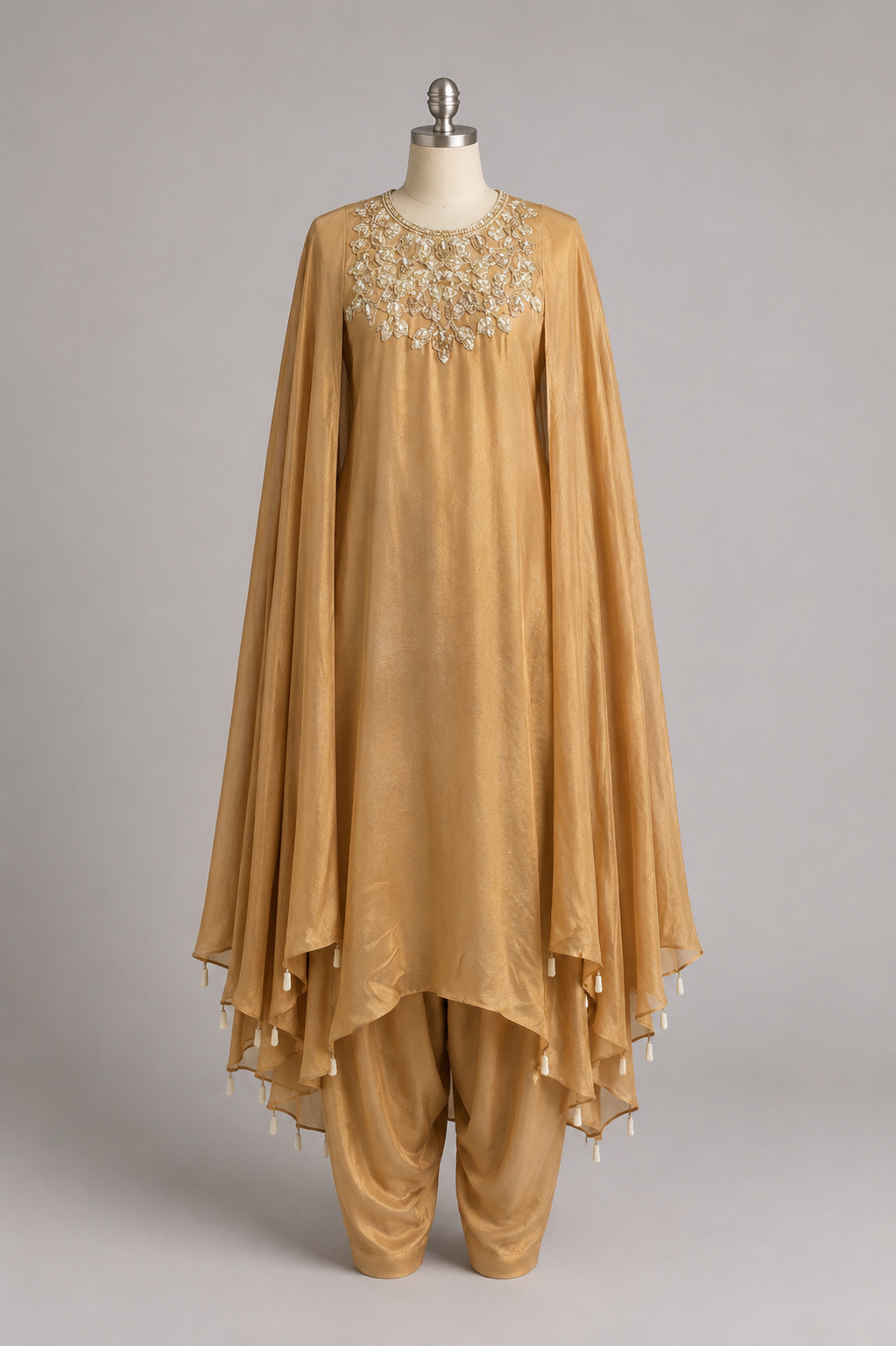 Gold Embellished Cape-Sleeve Kurta Set