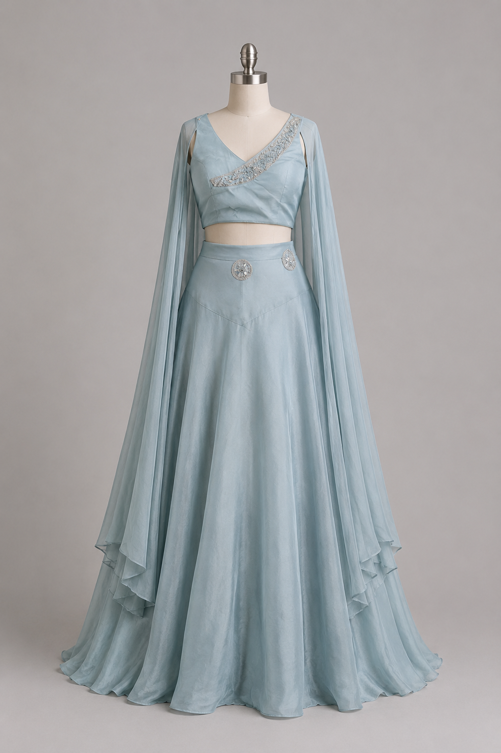 Dusty Blue Embellished Cape-Sleeve Lehenga Set